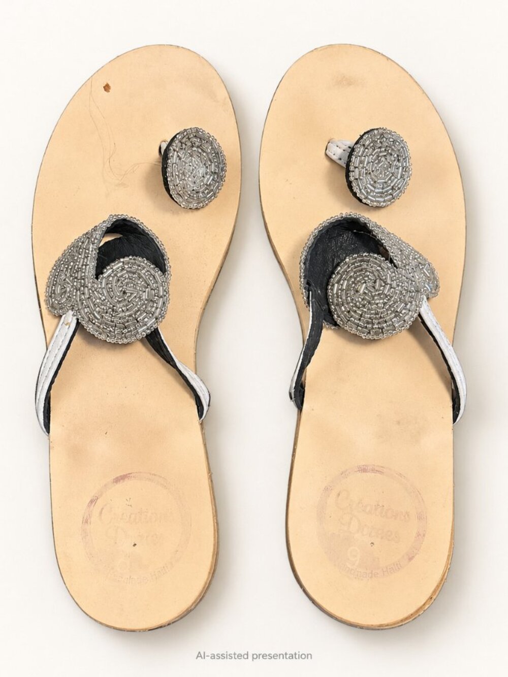 Creations Dorees Silver Beaded Toe Loop Flat Sandals Size 9
